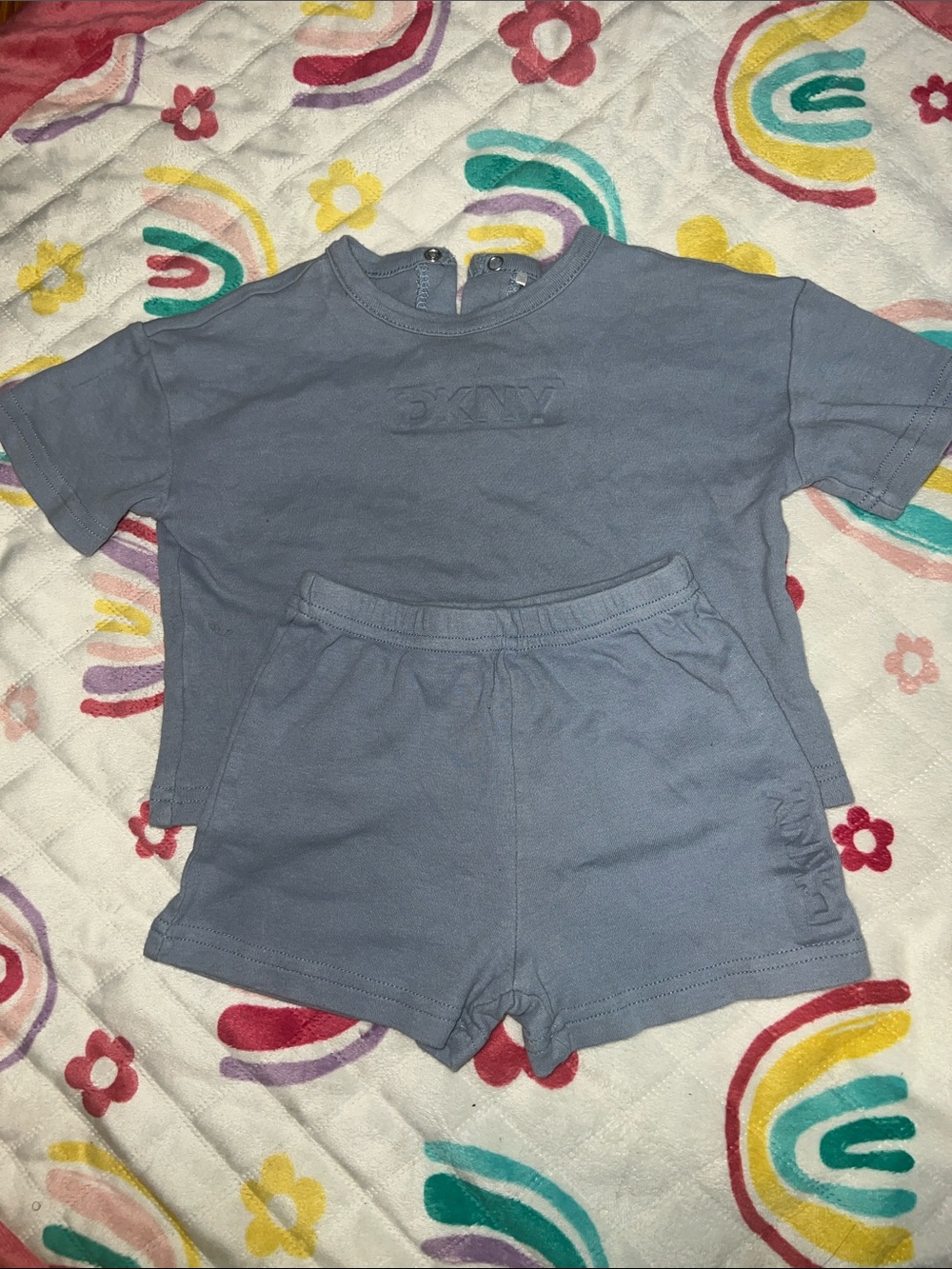 DKNY Dusty Blue Embossed Logo Tee and Shorts Set
